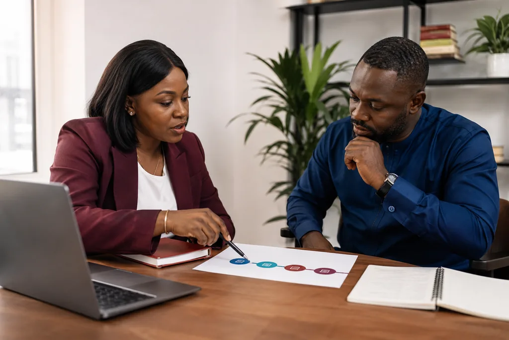 Business consultant reviewing a growth roadmap with an SME owner